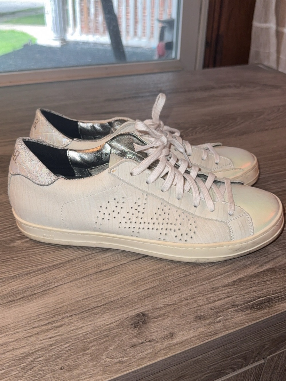 2 pairs!! Women’s Cream Leather Sneaker with Iridescent Heel